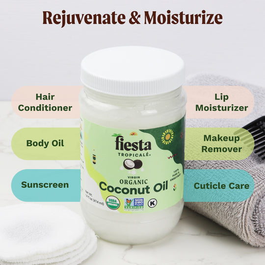 Coconut oil: rejuvenate and moisturize. Hair conditioner, body oil, sunscreen, lip moisturizer, makeup remover, cuticle care