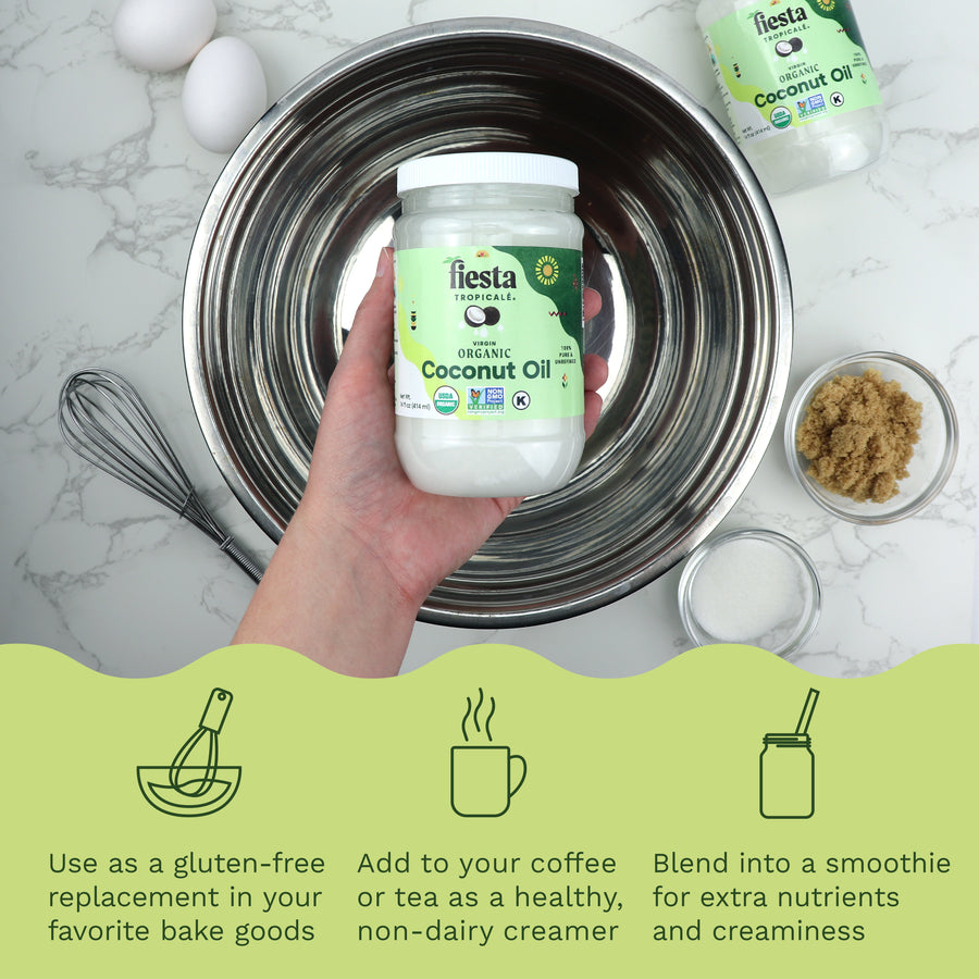 Coconut oil: use as a gluten-free replacement in your favorite baked goods. Add to your coffee or tea as a healthy non-dairy creamer. Blend into a smoothie for extra nutrients and creaminess. 