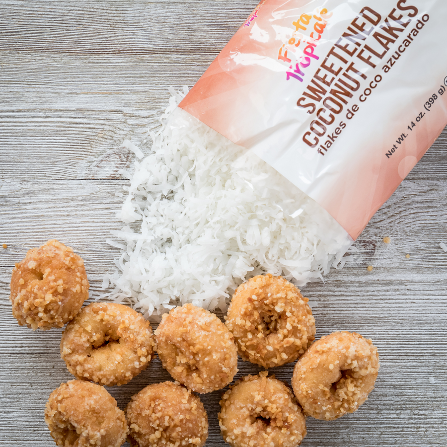 Bag of sweetened coconut flakes with mini donuts 